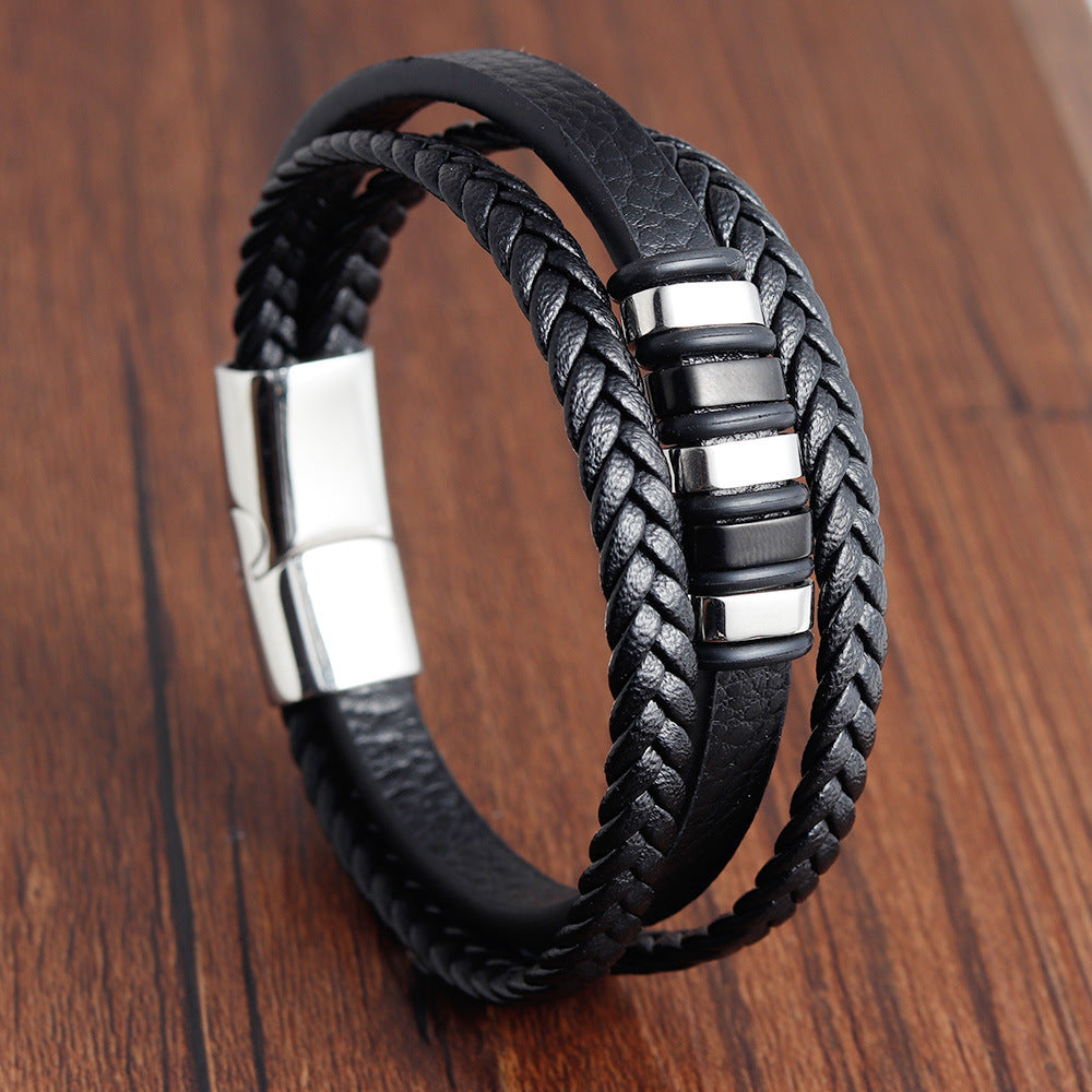 Bracelet en cuir véritable à fermoir magnétique pour hommes